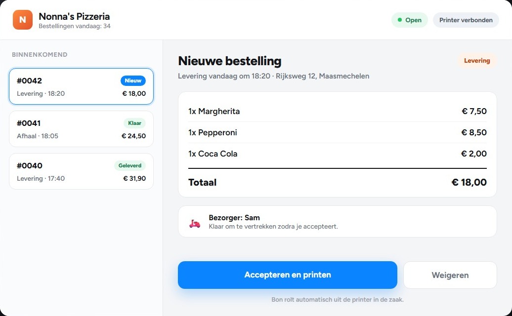 Ordertoestel voor een restaurant met een binnenkomende bestelling voor levering, klaar om te accepteren en te printen